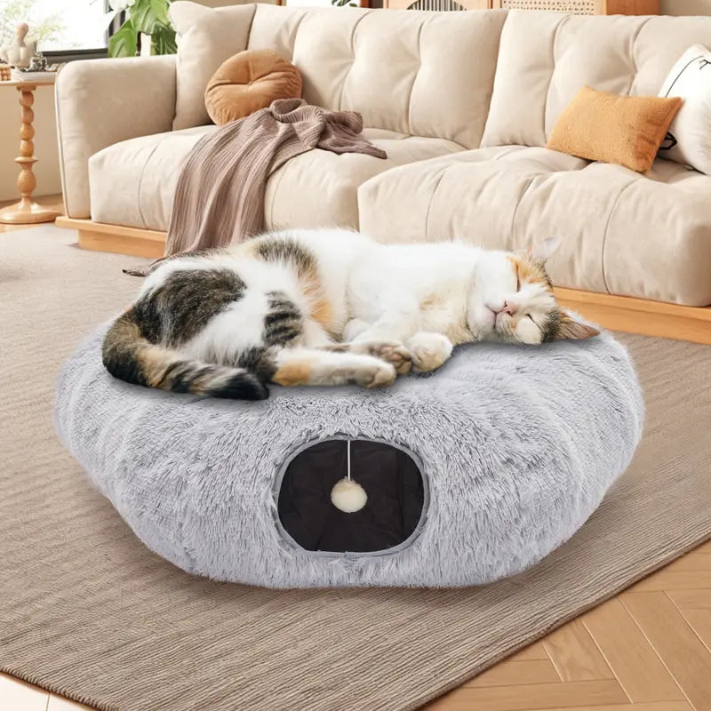 2-In-1 Plush Fabric Cat Tunnel Bed - Cozy Kitten Condo with Peekaboo Hole, Universal Fit Indoor Cozy Space for Cats/Kittens, Donut Shape
